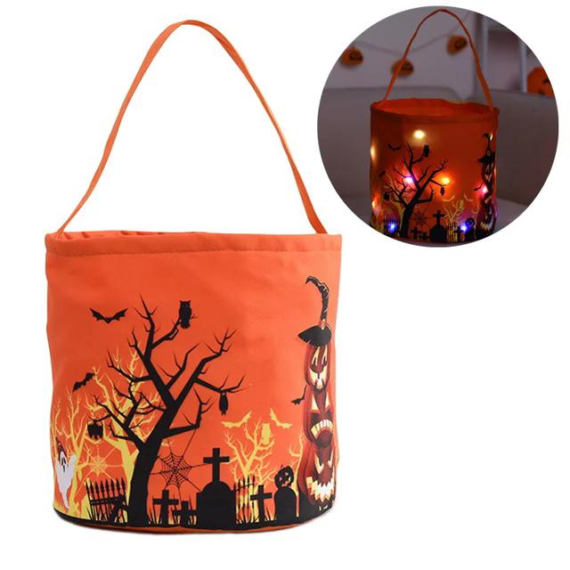 LED-lys Halloween Trick or Treat-bøtte Gresskargodteriposer Sammenleggbar Halloween-kurv til Thanksgiving-fest gavekurv