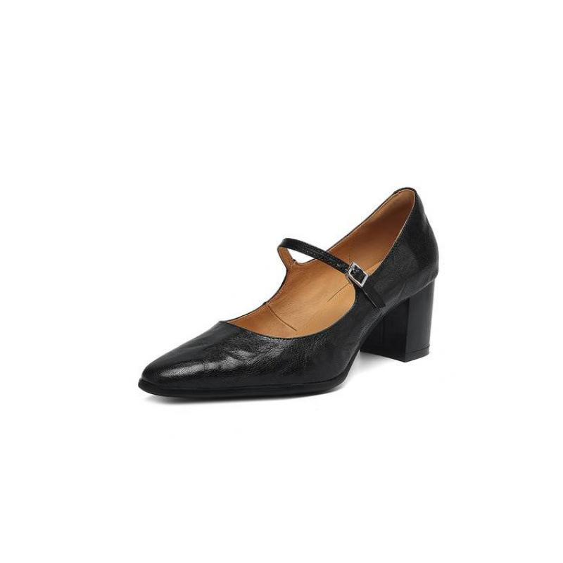 New women's leather large size single shoes solid color sheepskin pointed high heel large size shoes four seasons wear thick heel high heels women