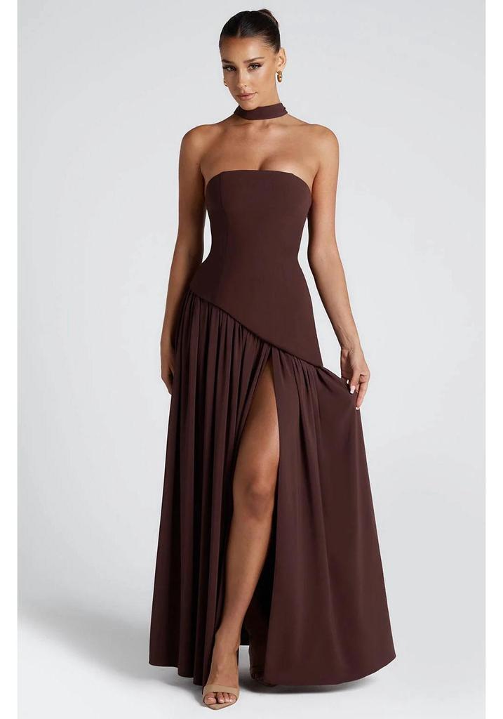 Vestido de mujer sin tirantes, sin espalda y con abertura, estilo europeo y americano, 2025 - Sexy, Color liso, Abertura alta, Vestido largo