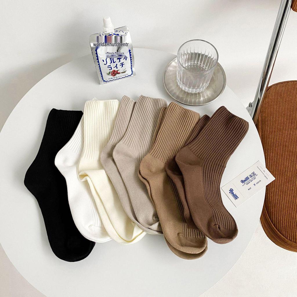 Women's Mid-Calf Socks - Japanese Korean Style, Solid Color, Casual, Versatile, College, Internet Celebrity Trend