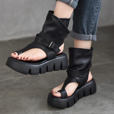 Peep Toe Dickbesohlte Damensandalen Echtleder Gürtelschnalle Römische Plateauschuhe