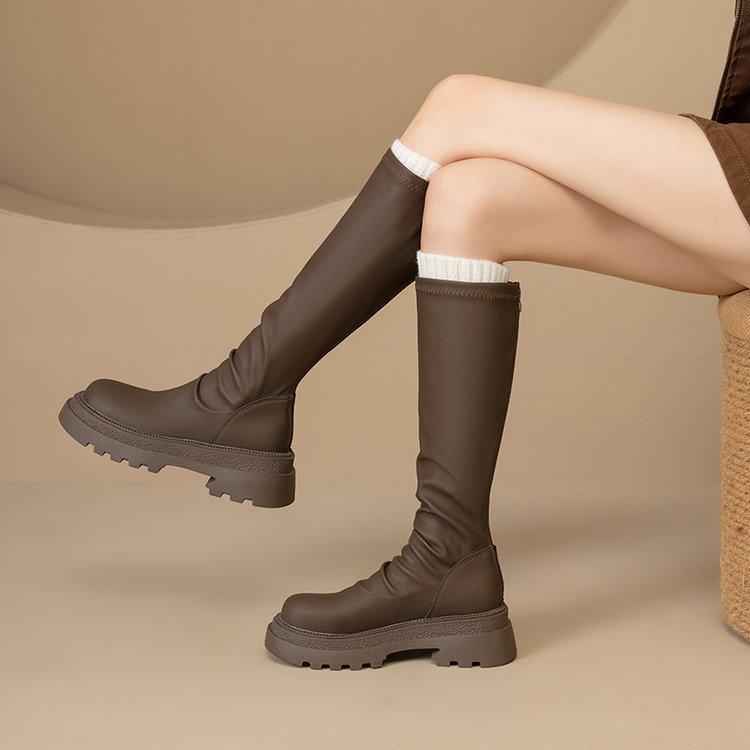 Thick-Soled But Knee-Thin Boots Retro Black Boots Tall Knight Boots Heightening Versatile Stacking Boots