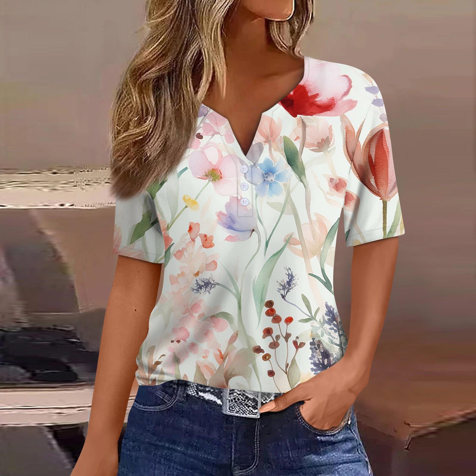 

Жен. Футболка С принтом Пуговицы С короткими рукавами Повседневные Выходные Мода Классический V-образный вырез Обычный Верх L жёлтый