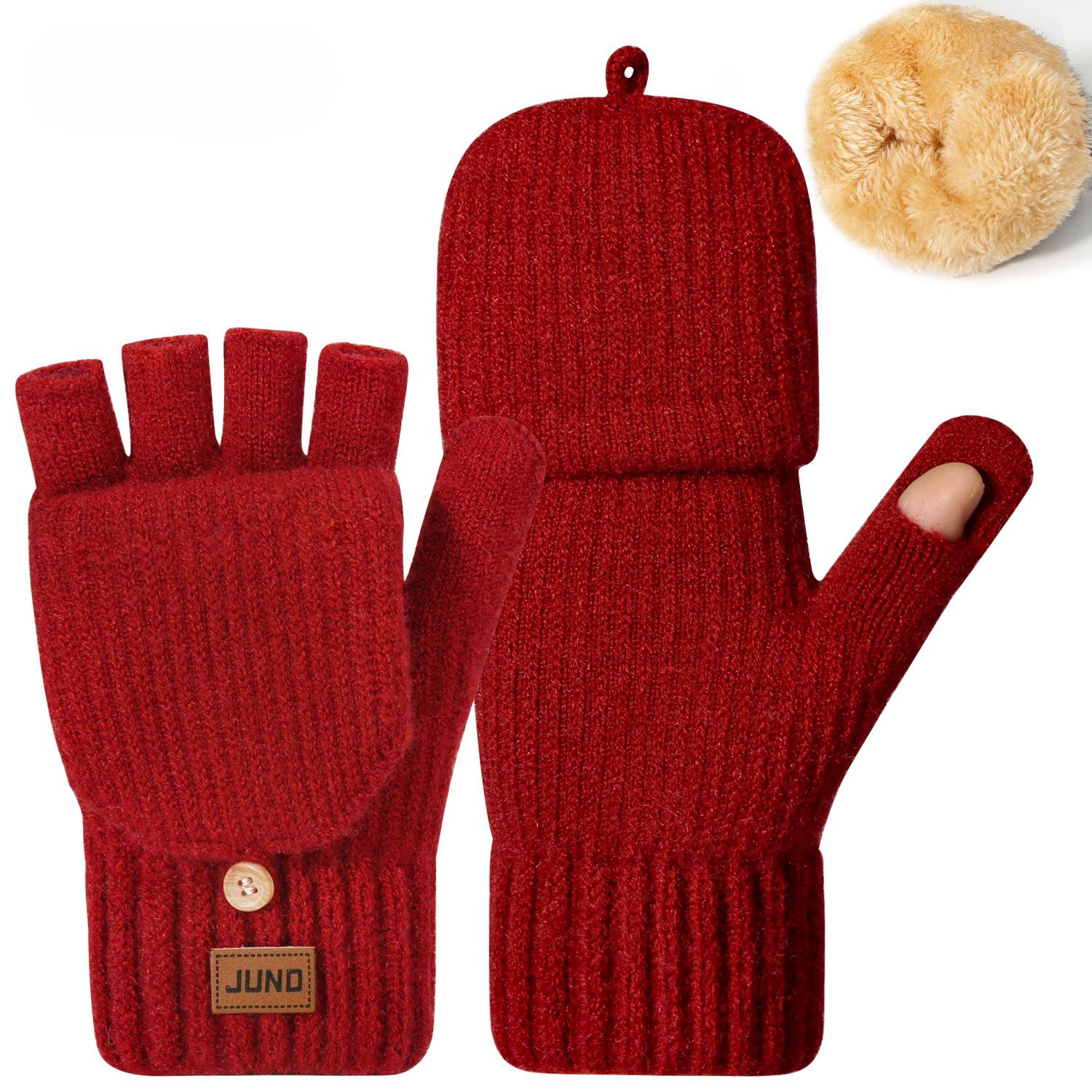 Verdickte Damen-Fingerlose Handschuhe für Herbst und Winter, doppellagig, Samt gestrickt, kalt und warm, Schreib- und Fäustlinge mit halben Fingern One Size brown