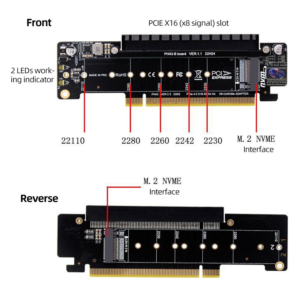 PCIe X16 To X8+X4+X4 M.2 PCIE Adapter M.2 NVMEx2 Input Ports Adapter Card Expansion Card Support 2280/2260/2242/2230 SSD