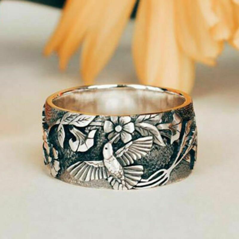 1Pc Titanium Steel Chrysanthemum Bird Ring European and American Retro Thai Silver Black Flower Gender Neutral Engagement Ring