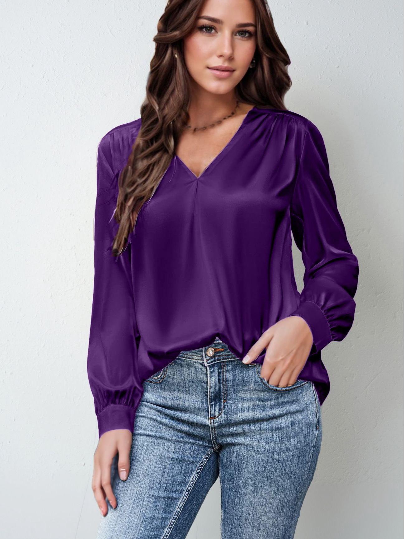 

Women s Satin Pleated V-Neck Long-Sleeved Casual Loose Shirt L фіолетовий