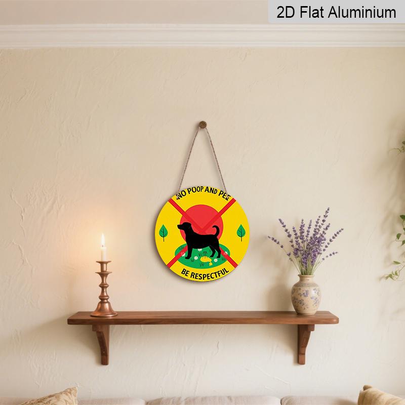 2D Flat 1pc, 8x8 in, "No Poop and Pee Be Respectful" Round Aluminum Metal Sign, Yellow with Red Border & Dog Silhouette, Ideal for Patio, Porch