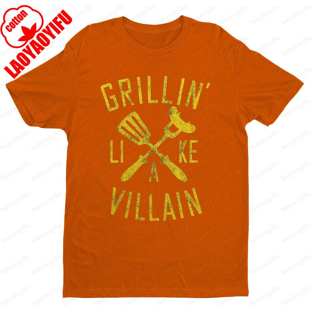 Grillin Like A Villain Mens T Shirt Funny Cookout Enthusiast Tee Tops Creative Pattern Tshirt BBQ Lover Gift Short Sleeve