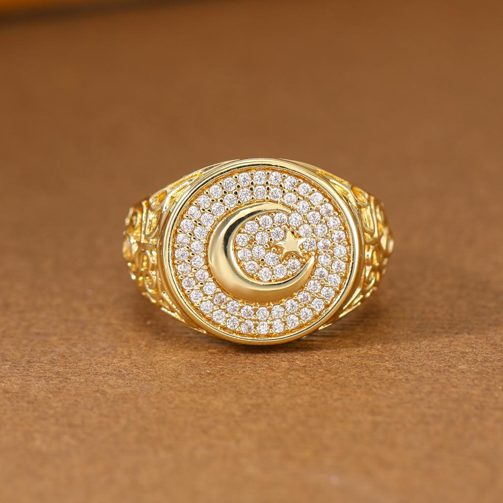 Vintage Inspired Moon and Star Inlaid Artificial Zirconia Ring, Fashionable Women's Wide Face Ring, Jewelry Gift