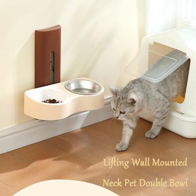 Wall-mounted Pet Double Bowl High Stainless Steel Ceramic  Cat Water Dispenser Feeder Dog Bowl Adjustable Height Cat Food Basin