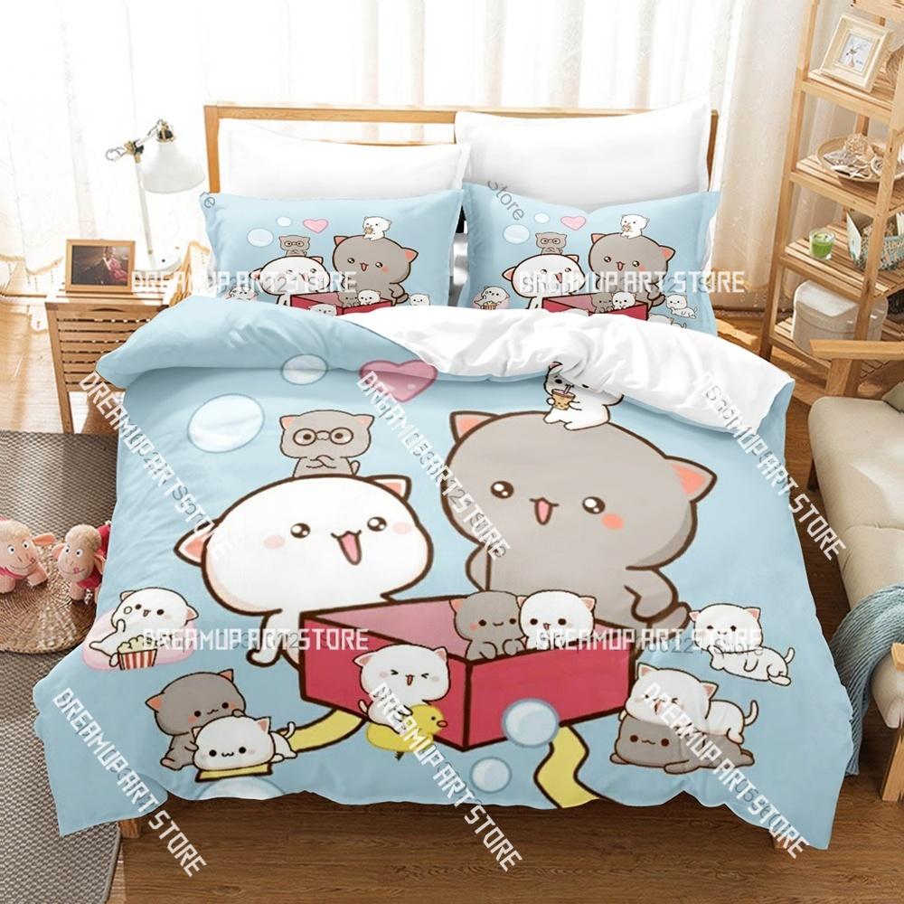 Fashion Adorable Peach And Goma Cat Bedding Set Single Twin Full Queen King Size Bed Set Kids Bedroom Duvetcover Sets Bed