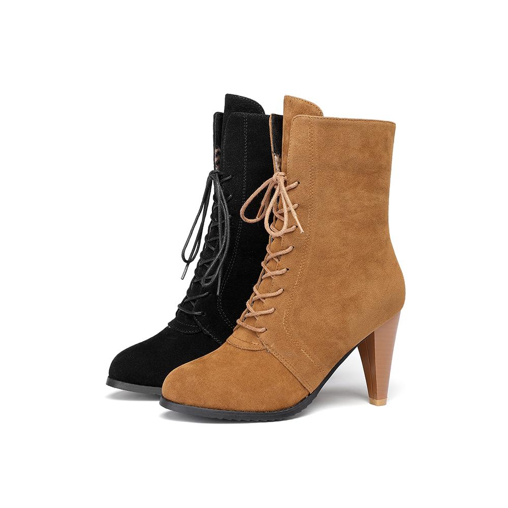 Black Brown Women Mid Calf Boots Pointed Toe High Heel Big Size 45