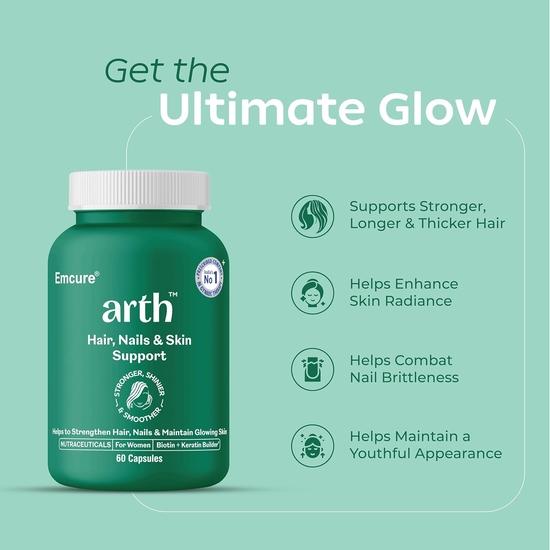 Arth Biotin Capsules | with Keratin Builder, Hyaluronic Acid & Essential Vitamins | Biotin Supplement for Hair Growth, Strong Hair, Healthy | 60N Veg