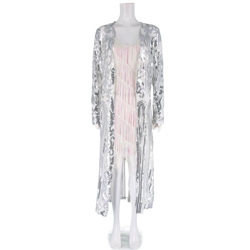 European and American Women's Sequin Long Dress Cardigan for Parties and Performances