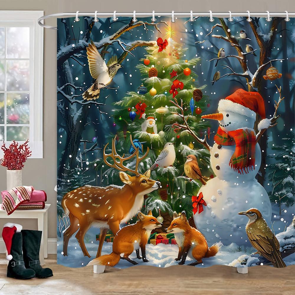 Christmas Printed Shower Curtain Cute Snowman Red Truck Christmas Tree Socks Gifts Winter Fabric Shower Curtains Bathroom Decor