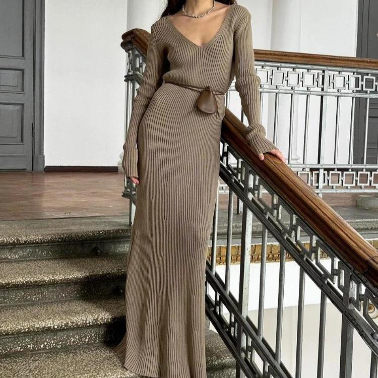 Women's Knitted Dress Elegant V Neck Thick  A-line Dress Brown Long Sleeve Vintage Midi Casual Dresses for Women