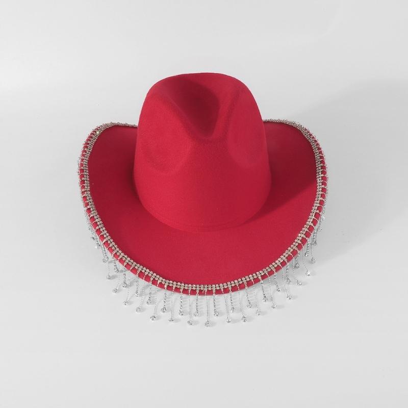 Trendy Cowboy Hat Denims Hat with Sparkling Rhinestones and Fringe Detail for Outdoor Activities Parties Halloween Hat