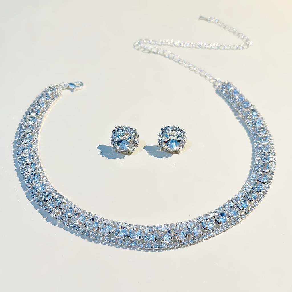 New Diamond-encrusted Square Set Necklace Earrings Light Luxury Collarbone Chain Internet Celebrity Temperament Dress Neck Chain Neck Decoration