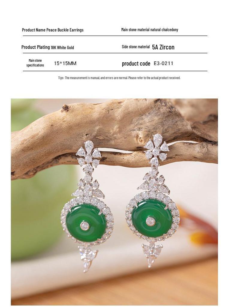 Rui Diamond Jewelry S925 Silver Gold-Plated Green Chalcedony Peace Buckle Earrings - Ideal Gift for Mom