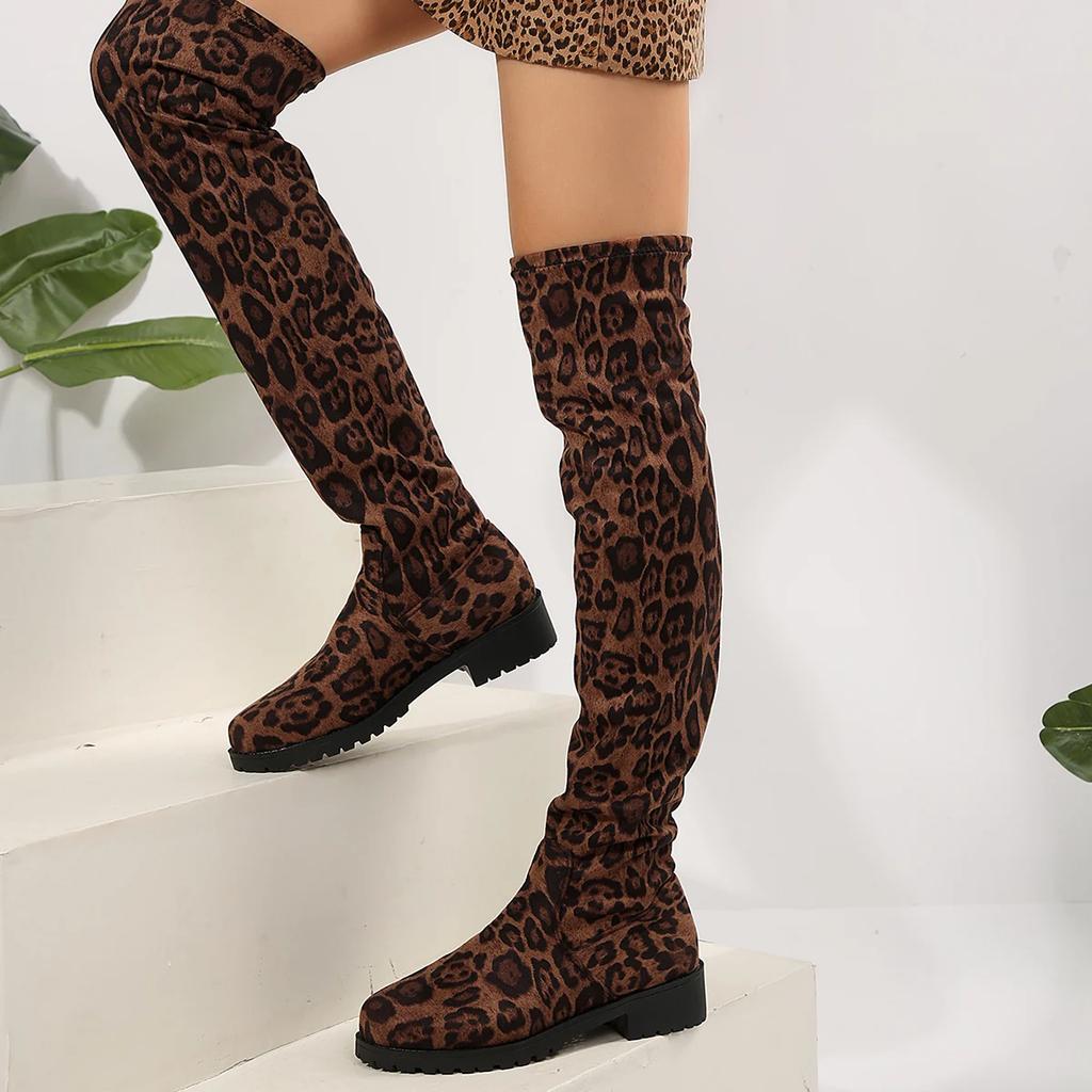 Modne Długie Kozaki Damskie Za Kolano Trend Panterka Kolor Eleganckie Stylowe Plus Size Wygodne Rajstopy Czerwony Różowy