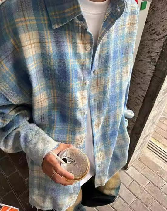 

Мужская синяя клетчатая рубашка с длинным рукавом - Модный американский уличный стиль XL синий