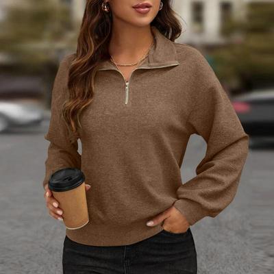 Women Autumn Winter Solid Color Blouse Lapel Zipper Half Placket Long Sleeve Loose Fit Casual Pullover Sweatshirt Streetwear