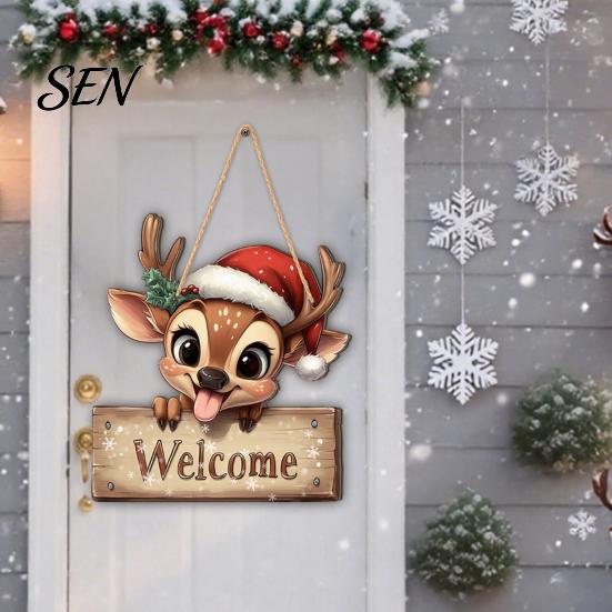 Festive Front Door Signs 2D Christmas Wooden Hanger Ornaments, Santa Snowman Reindeer Welcome Wall Xmas Hanging Decor Sign, Rustic Farmhouse