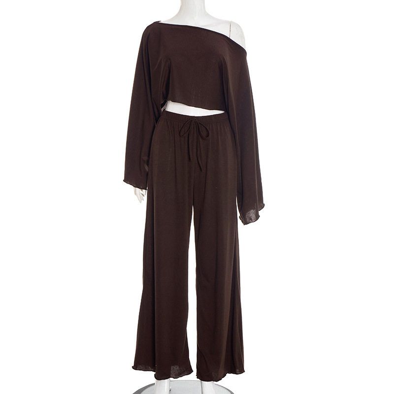 Off Shoulder Loose Elastic Rope Tie Set Brown M