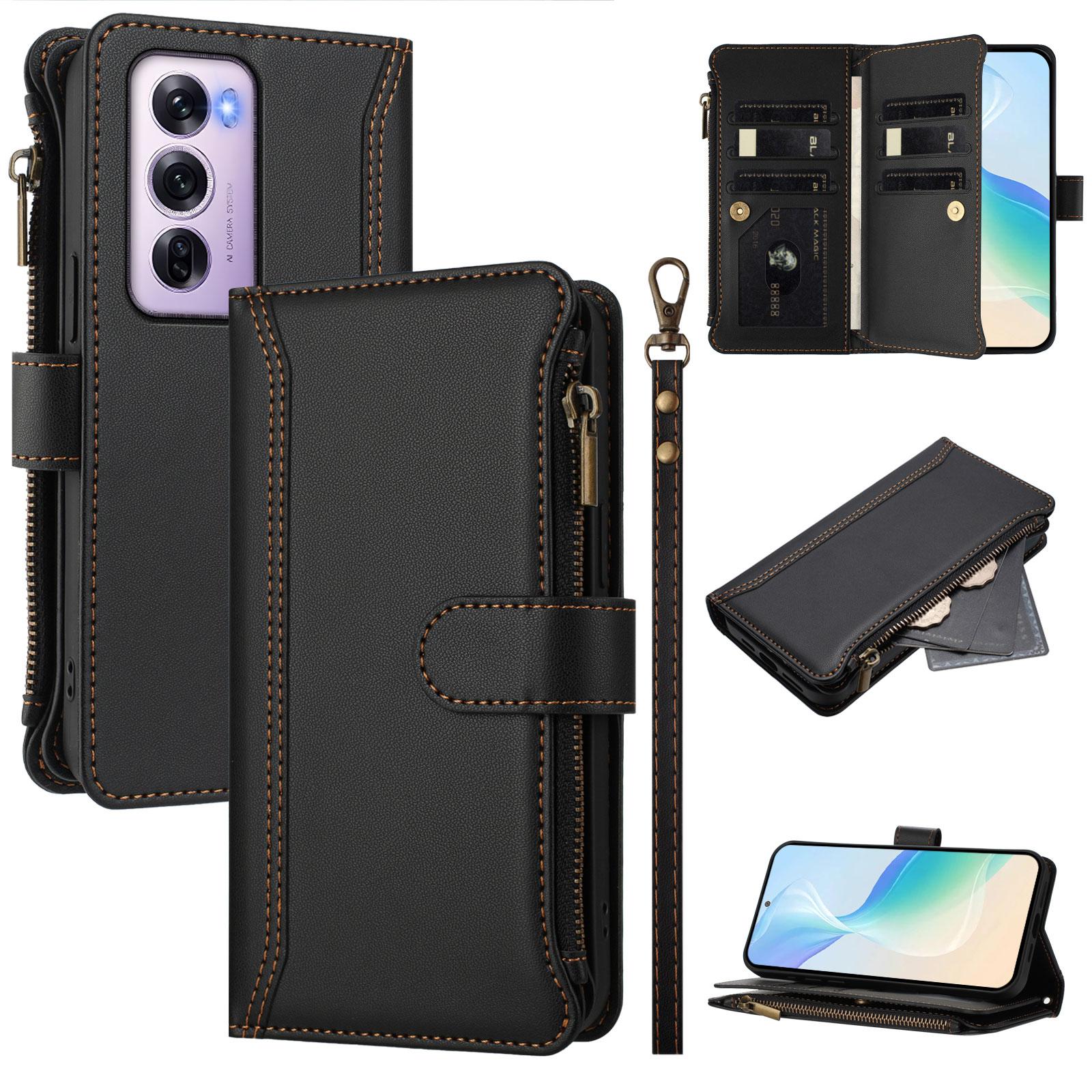 

For Oppo Reno12 Pro 5G (China)/Oppo Reno12 Pro 5G (Global) Leather Case 9 Card Slots Zipper Wallet Stand Phone Cover with Wrist Strap Black