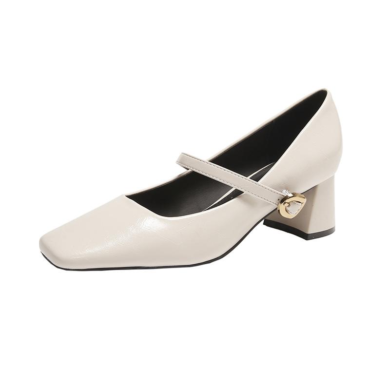 Fashion Mary Jane Shoes Vintage Mary Jane Leather Shoes with Light Mouth Single Shoes Women's Square Head Thick Heel High Heels