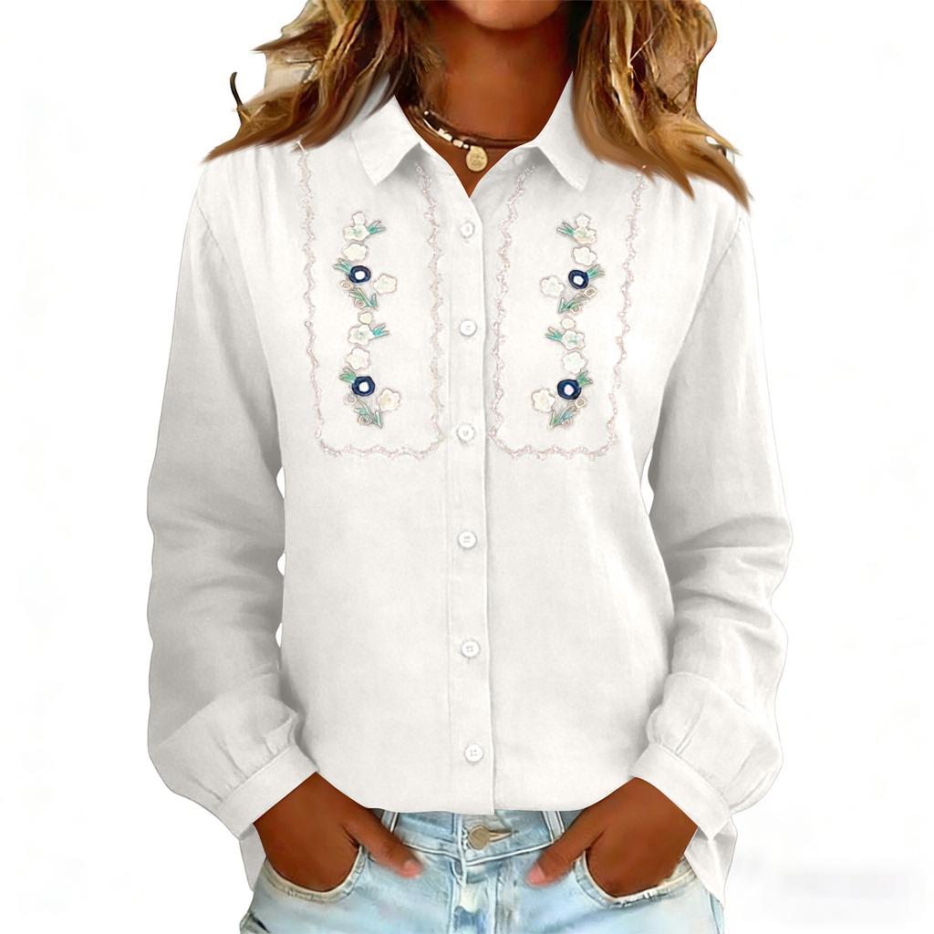 Women's Embroidery Floral Shirts Fashion Button Down Lapel Long Sleeves Casual Comfy Shirt Blouse Tops
