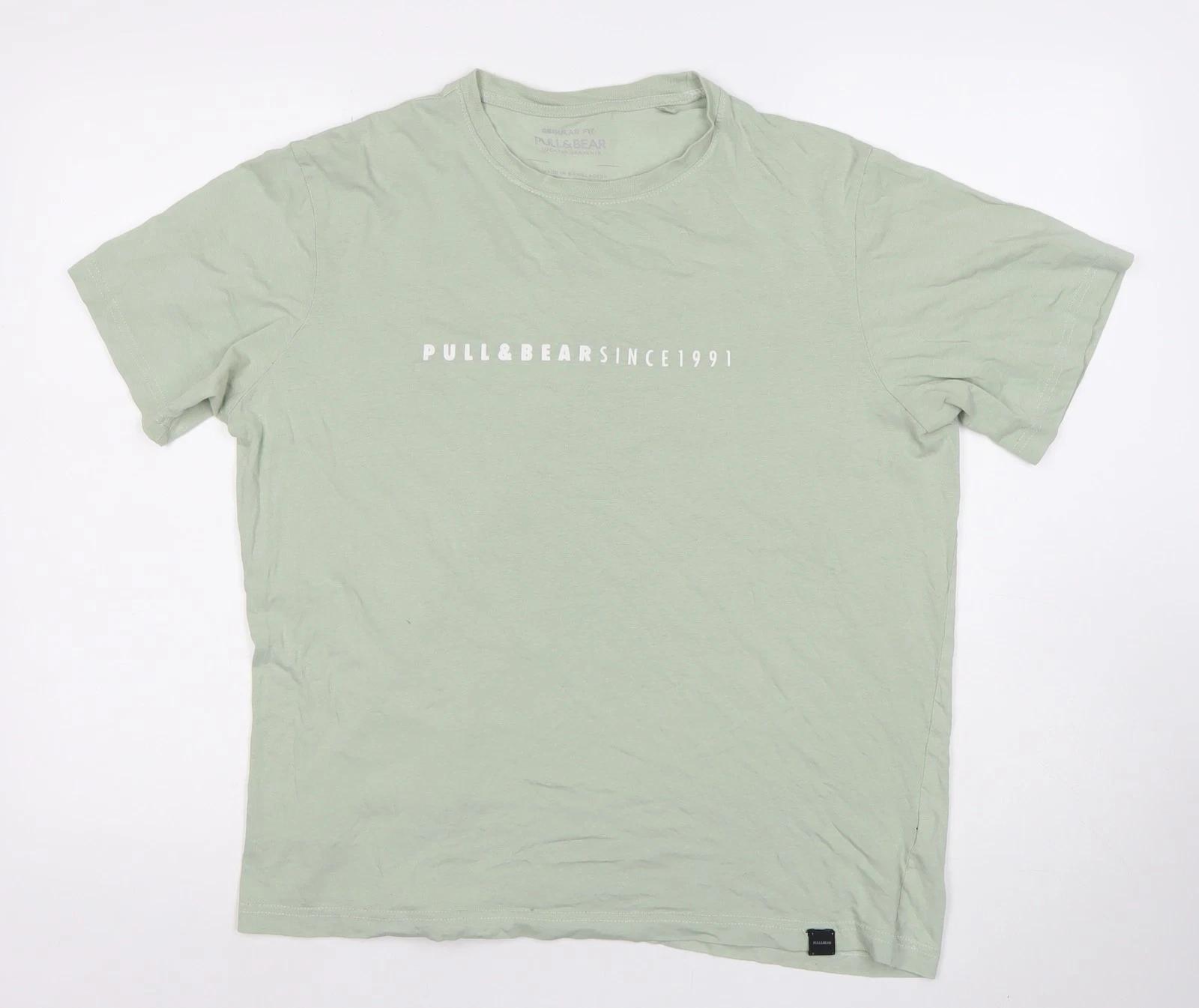 

Мужская зеленая хлопковая футболка Pull&Bear M Regular Fit с логотипом XL