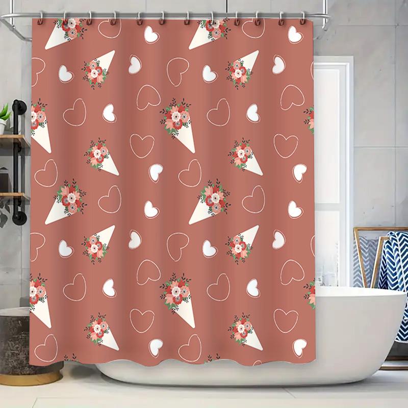 

Modern Bathroom Decor: Floral Pattern Shower Curtain With White Hearts Cones Peach Pink Color For Home Bath Waterproof Fabric (2 W60H190(CM)-1 Pcs