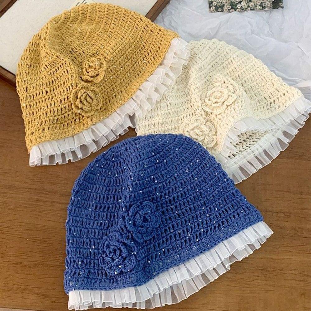 Hollow Out Lace Beanies Hat Glitter Sequin Knitted Hat Cute Crochet Flower Hat  Apparel Accessories