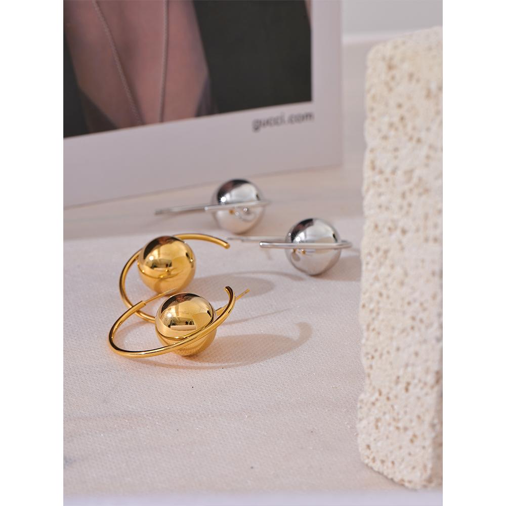 Yhpup Trendy Stainless Steel Round Ball Metal Huggie Earrings Gold Silver Color Temperament Personalized Versatile Jewelry