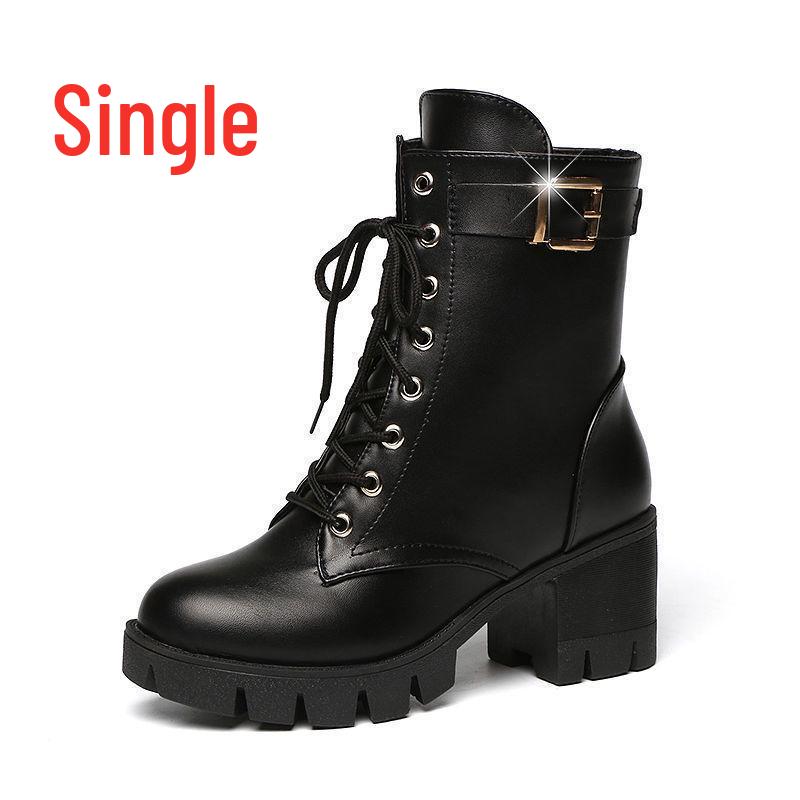 Women's Chunky Heel Leather Ankle & Mid-Calf Winter Boots with Velvet Lining