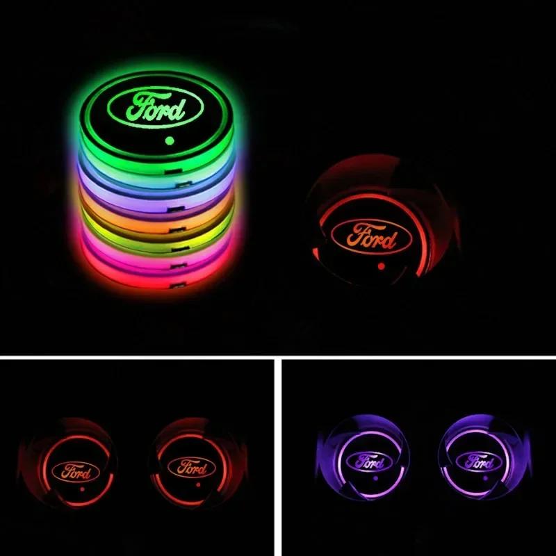 New 2026 Car Sticker For Ford 7 Colors LED Car Cup Holder Lights Luminous Coaster Water Cup Pad For Ford Escape Kuga Mondeo Ecos