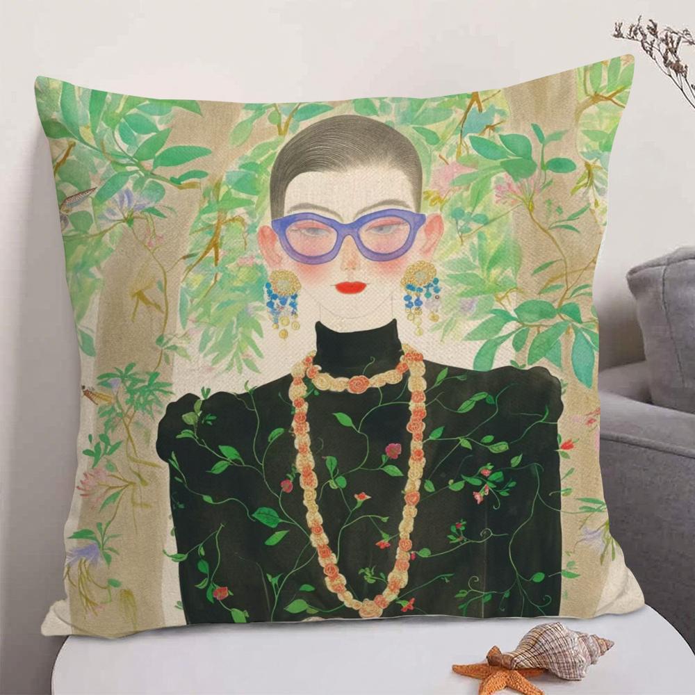 1PC Fashion Illustration Cushion Cover Natural Linen Organic Fabric DoubleSided Printing Sofa Home Decor Gift Pillow Case