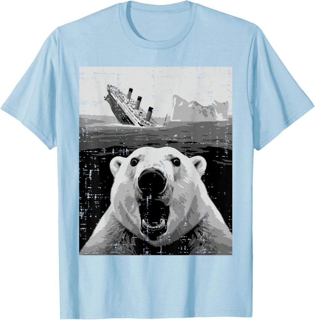 Polar Bear Sinking Titanic Meme Graphic Tee Funny Casual Short Sleeve TShirt for Men Women