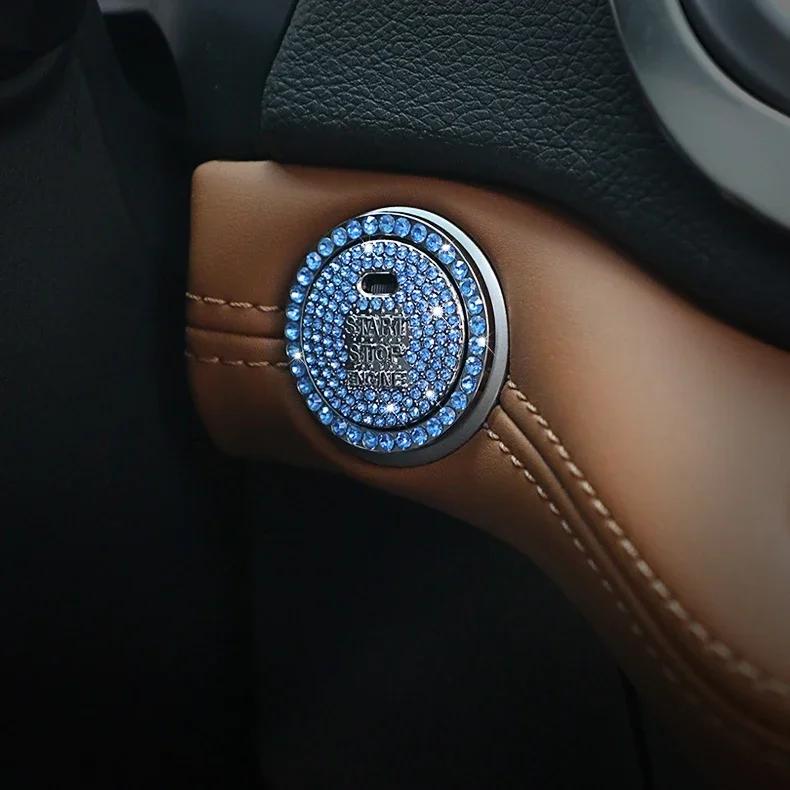 Crystal Engine Ignition Onekey Start Stop Push Button Switch Protective Cover Bling Rhinestone Ring Circle Trims Car Accessories