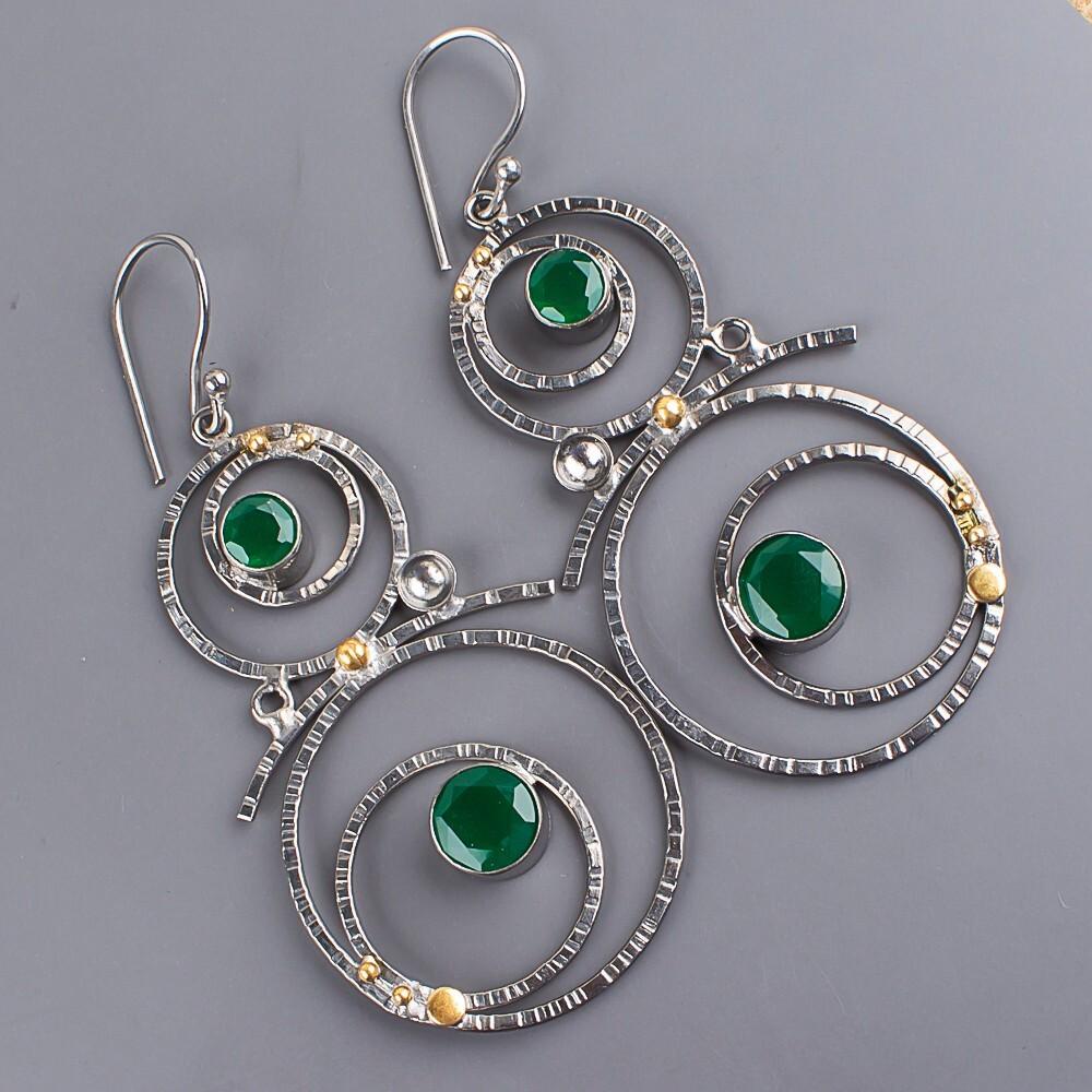 Green Onyx Gemstone 925 Sterling Silver Jewelry Handmade Earrings2.86" For Women EE-76-3