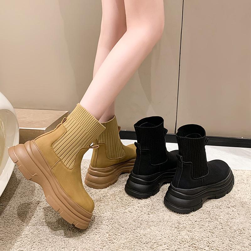 New Style Women's Short Boots Autumn Winter Knitted Slimming Elastic Ankle Boots Woman Height Increasing Casual Platform Shoes