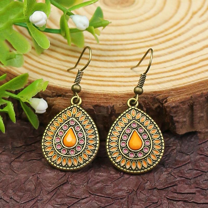 Colorful Ethnic Vintage Round Geometric Flower Drop Dangle Earrings For Women Crystal Enamel Ornament Bohemian Wedding Zircon