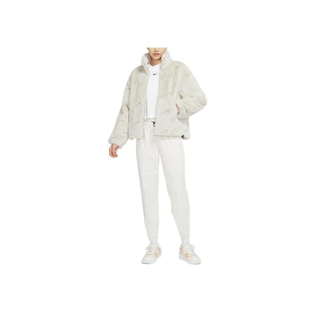 Nike Vollständiger Druck Stehkragen Kunstfell Warm Gerade Langarm Baumwolljacke Damen Oberbekleidung Weiß DQ6843-072
