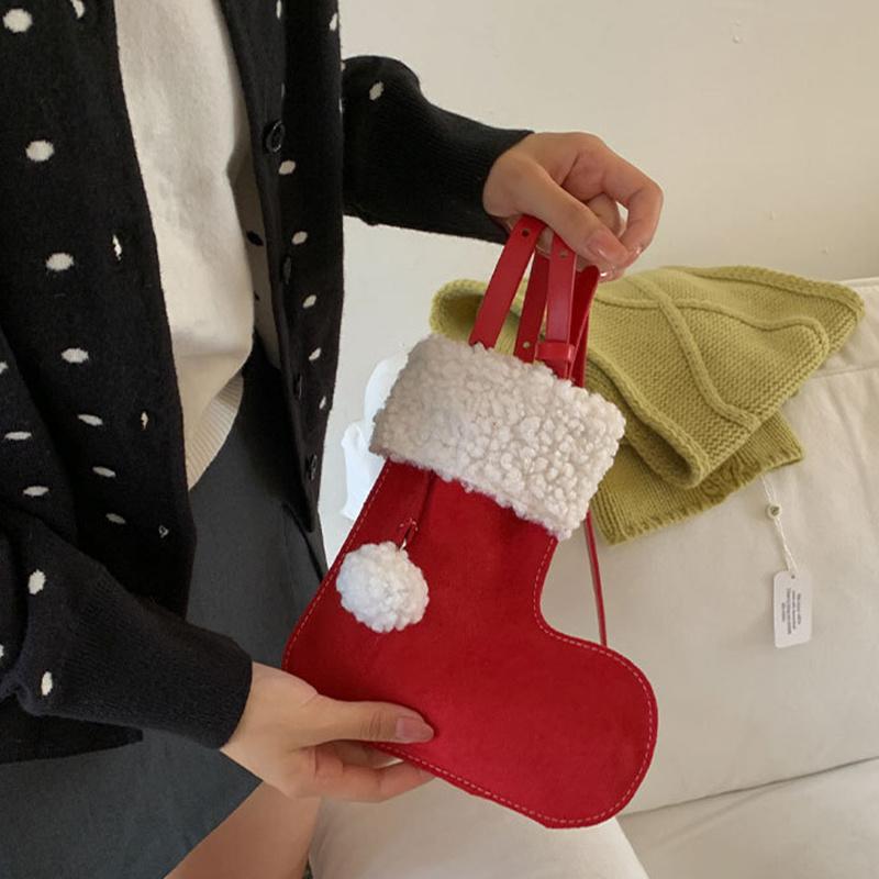 Portable Simple Style Suede Crossbody Bag Fluffy Lightweight Lamb Shoulder Bag Travel Christmas Sock Bag Women