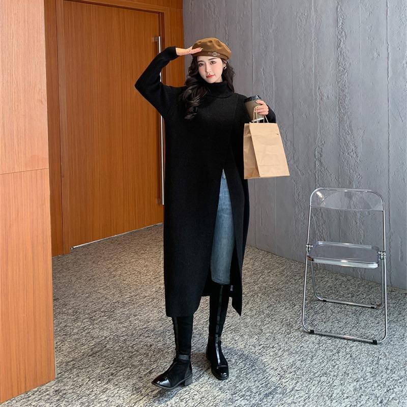 Neu im Herbst Winter Damen Strickpullover Lange Kleider Hochgeschlossenes, geteiltes, lockeres Pulloverkleid Lässiger Temperamentpullover mit Kleidung der unteren Schicht