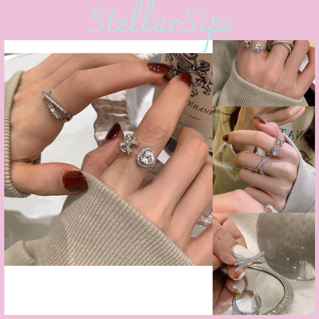 Trendy Korean Style Adjustable Heart Bow Zircon Ring For Women With Elegant Design