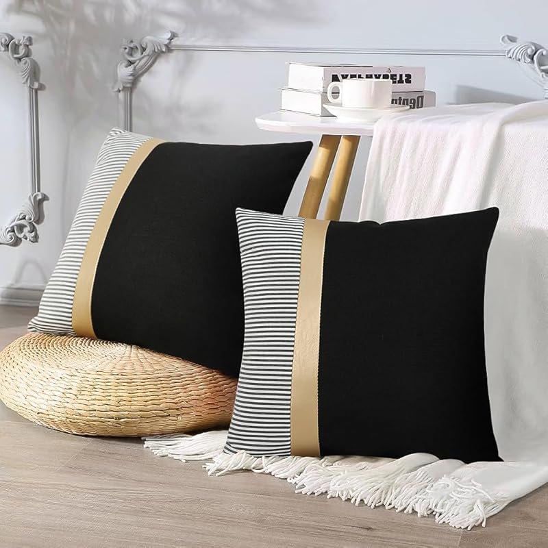 Faux Leather and Cotton Throw Pillow Covers 18x18 Inch Set of 2 Black and White Decorative Pillow Covers with Gold Stripe Patchwork Modern Farmhouse