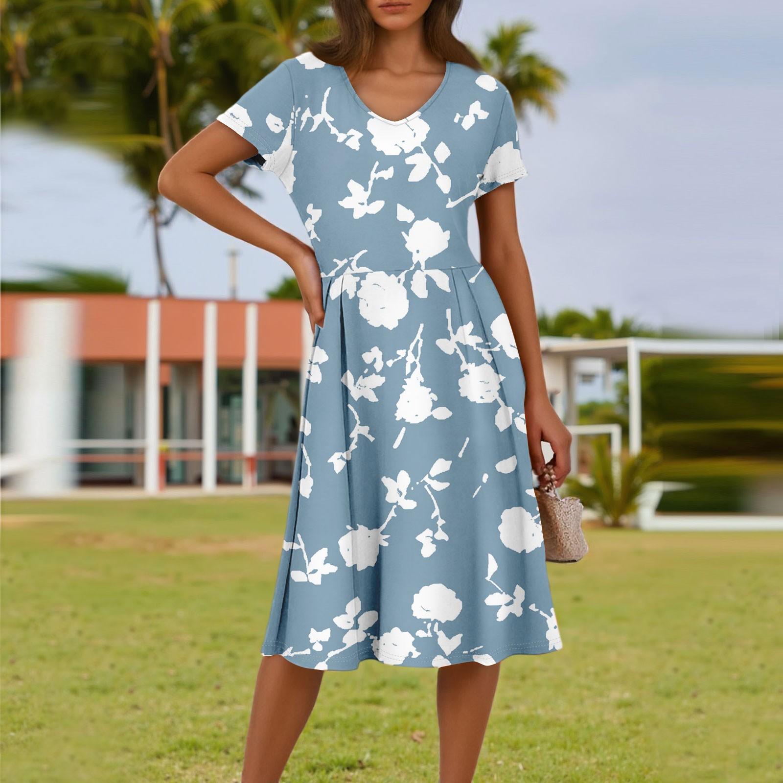 

Женское летнее модное повседневное платье с цветочным принтом, V-образным вырезом, короткими рукавами и карманом L синий